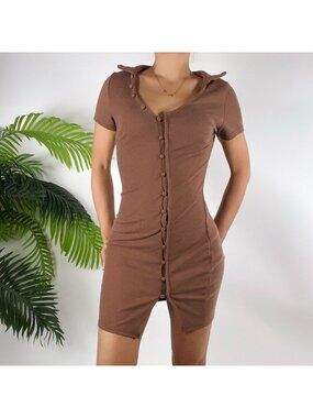 Brown Short Sleeve Asymmetrical Button Up Bodycon Dress With Collar / Small